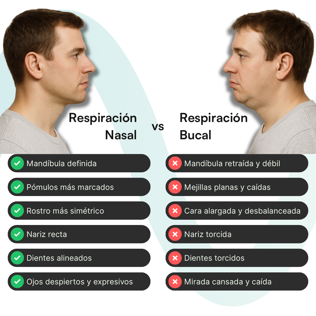 Comparativo facial Respiración Nasal vs Respiración Bucal: rasgos equilibrados y definidos contra mandíbula retraída y cara desbalanceada