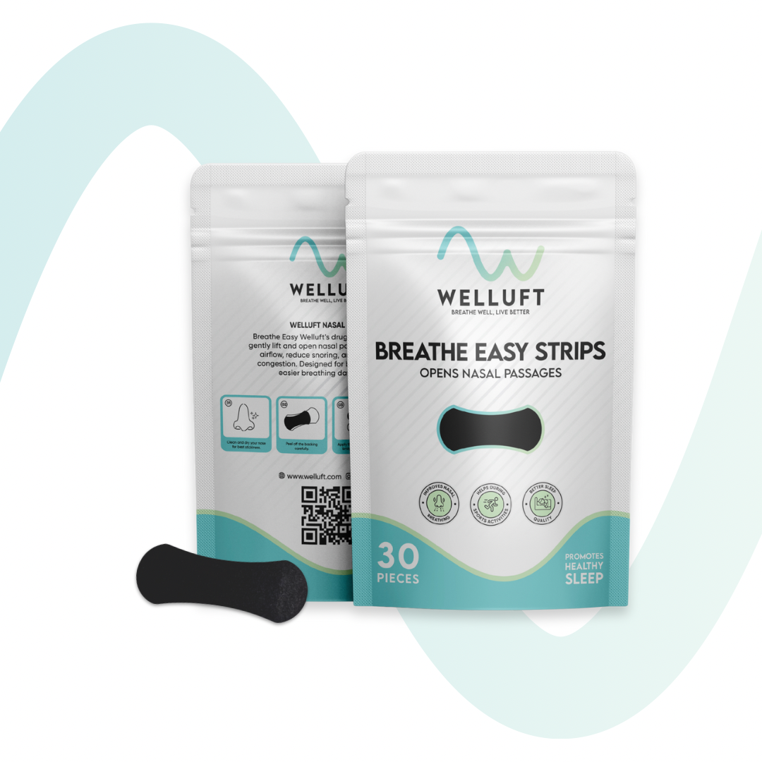 WELLUFT Breathe Easy Strips — bolsa de 30 piezas y tira nasal suelta en negro carbón sobre fondo claro