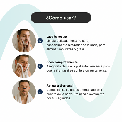Instrucciones en 3 pasos: lavar rostro, secar y aplicar Breathe Easy Strip sobre el puente nasal presionando 10 segundos