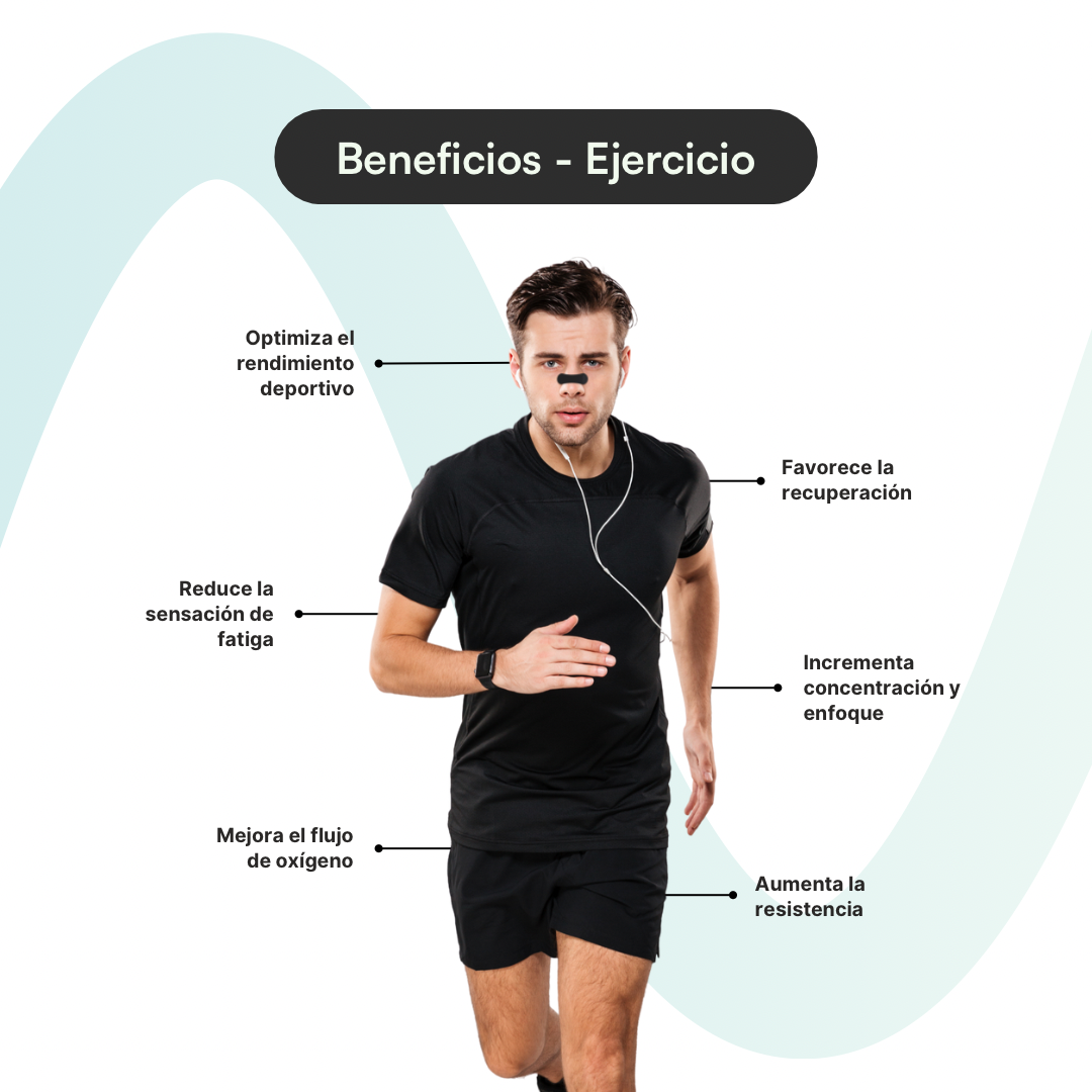 Corredor con Breathe Easy Strip — beneficios en entrenamiento: optimiza rendimiento, reduce fatiga, aumenta resistencia y enfoque