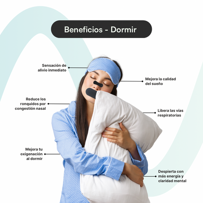 Mujer durmiendo con Breathe Easy Strip y antifaz — beneficios: menos ronquidos, vías respiratorias libres, mejor oxigenación nocturna