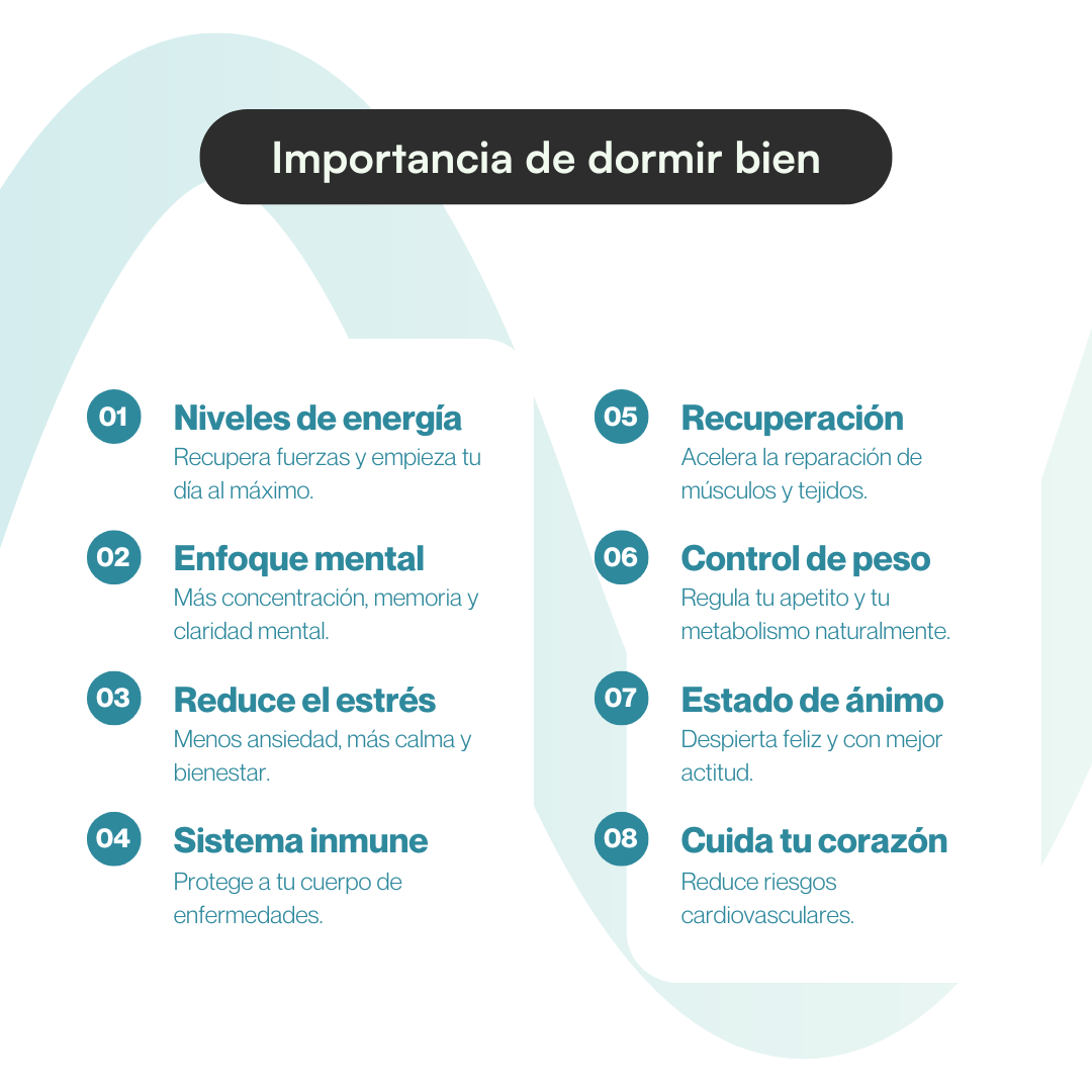8 beneficios de dormir bien: energía, enfoque mental, sistema inmune, recuperación, estado de ánimo y salud cardiovascular