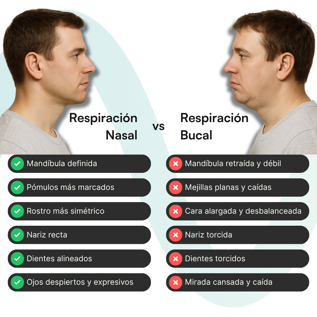 Comparativo facial Respiración Nasal vs Respiración Bucal: mandíbula definida y nariz recta contra cara alargada y débil
