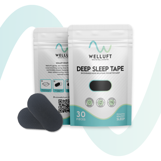 WELLUFT Deep Sleep Tape — bolsa de 30 piezas y dos tapes sueltos en negro carbón sobre fondo claro
