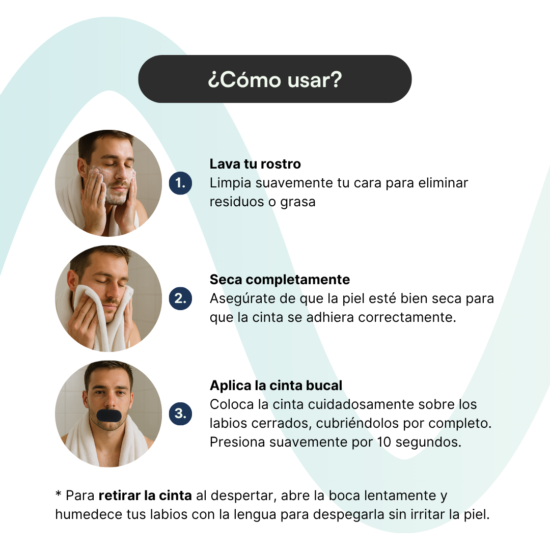 Instrucciones en 3 pasos: lavar rostro, secar completamente y aplicar Deep Sleep Tape sobre los labios cerrados