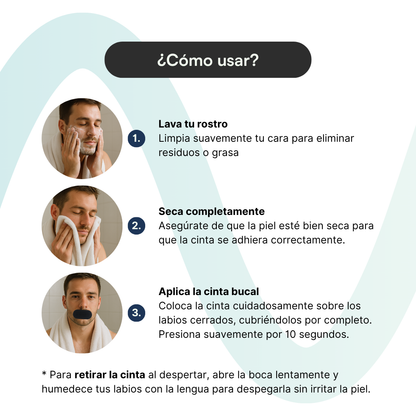 Instrucciones en 3 pasos: lavar rostro, secar completamente y aplicar Deep Sleep Tape sobre los labios cerrados