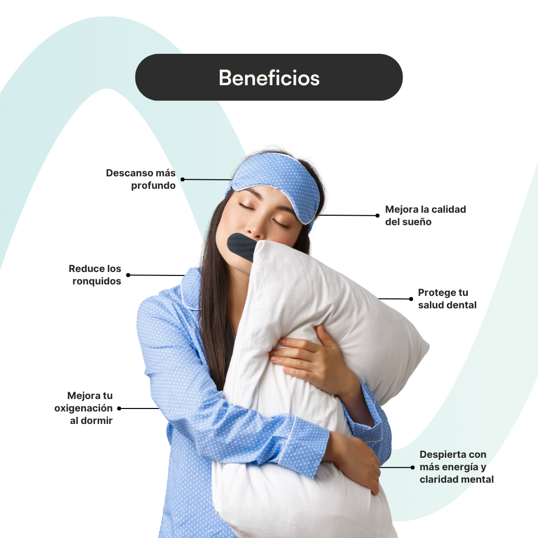 Mujer durmiendo con Deep Sleep Tape y antifaz — beneficios: sueño más profundo, menos ronquidos, más energía al despertar